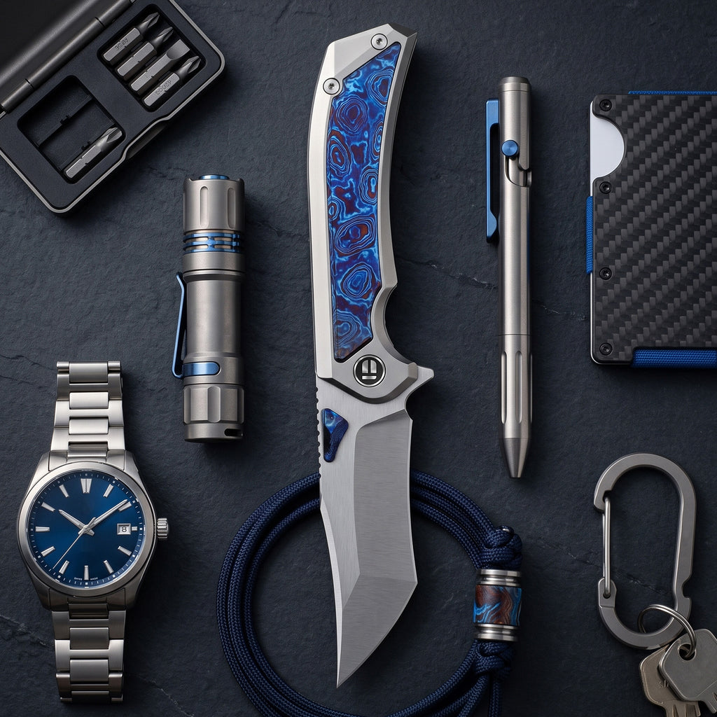 BOONEFORGE Odin’s Eye Premium EDC Fliper & Thumb Stud knife ( 3.82'' Satin BÖHLER M390 Blade & Grey TC4 Titanium/Timascus Handle ) - BF053