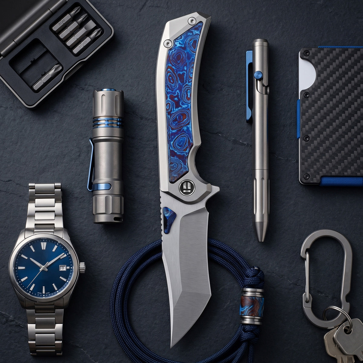 BOONEFORGE Odin’s Eye Premium EDC Fliper & Thumb Stud knife ( 3.82'' Satin BÖHLER M390 Blade & Grey TC4 Titanium/Timascus Handle ) - BF053