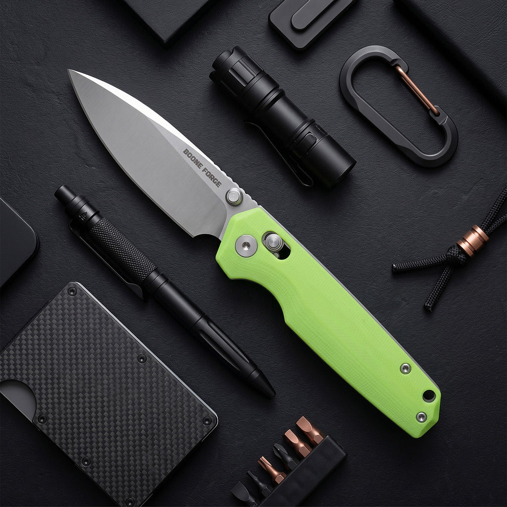BOONEFORGE Darkedge Premium EDC Crossbar knife ( 3.05'' Satin 14C28N Blade & Fluorescent green G10 Handle ) - BF900