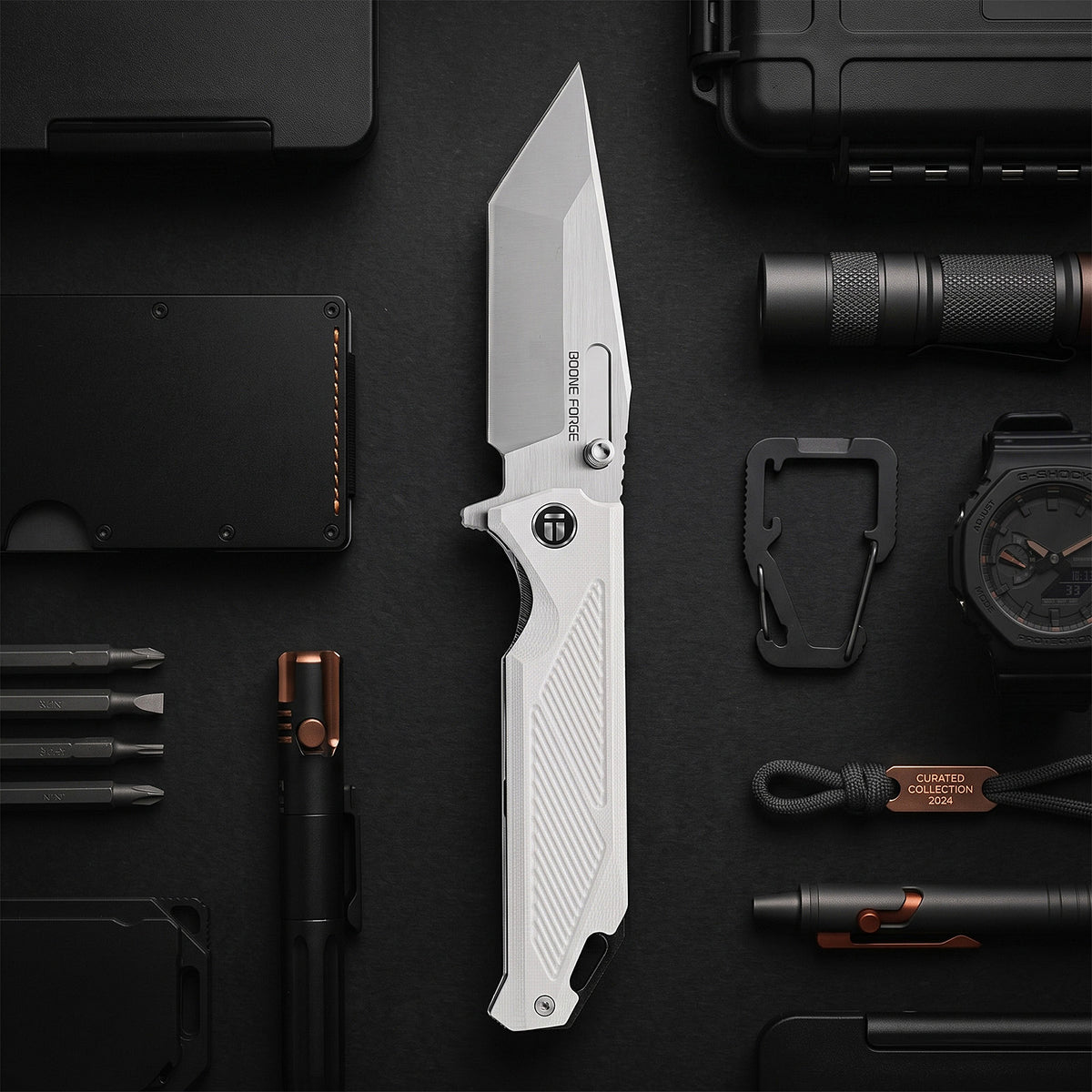 BOONEFORGE Blackshield Premium EDCFliper & Thumb Stud knife ( 3.94'' Satin 14C28N Blade & White G10 Handle ) - BF014A
