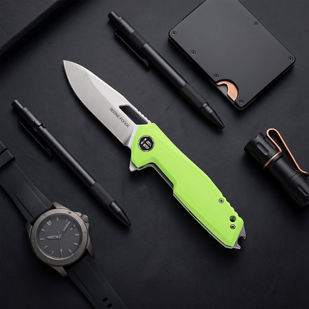 BOONEFORGE Berserker Premium EDC Flipper & Thumb hole knife( 3.07'' Satin 14C28N Blade & Fluorescent green G10 Handle ) - BF072