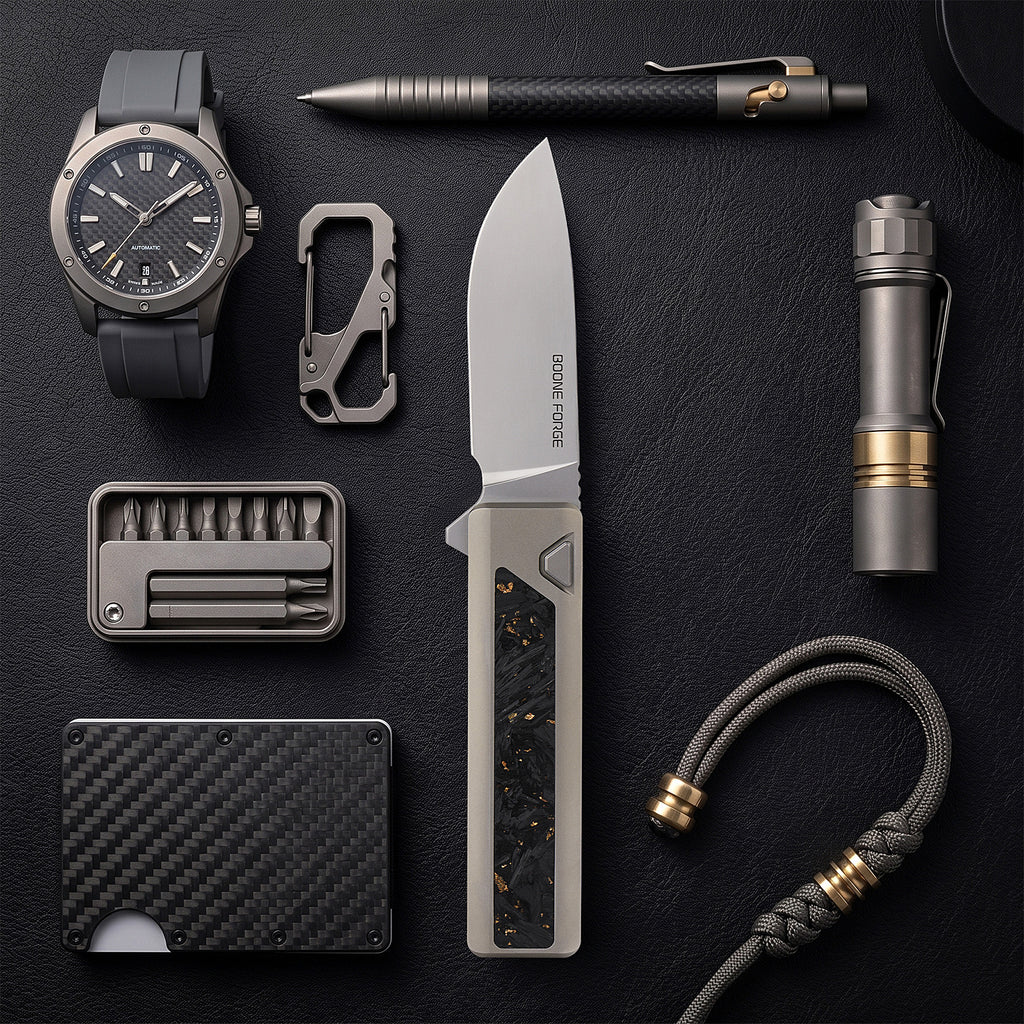 [PRE‑ORDER]BOONEFORGE Wastelander Premium EDC Button lock & Flipper knife (3.2" Bead Blasted M390 Blade & TC4 Titanium Handle/Carbon Fiber ) - BF001