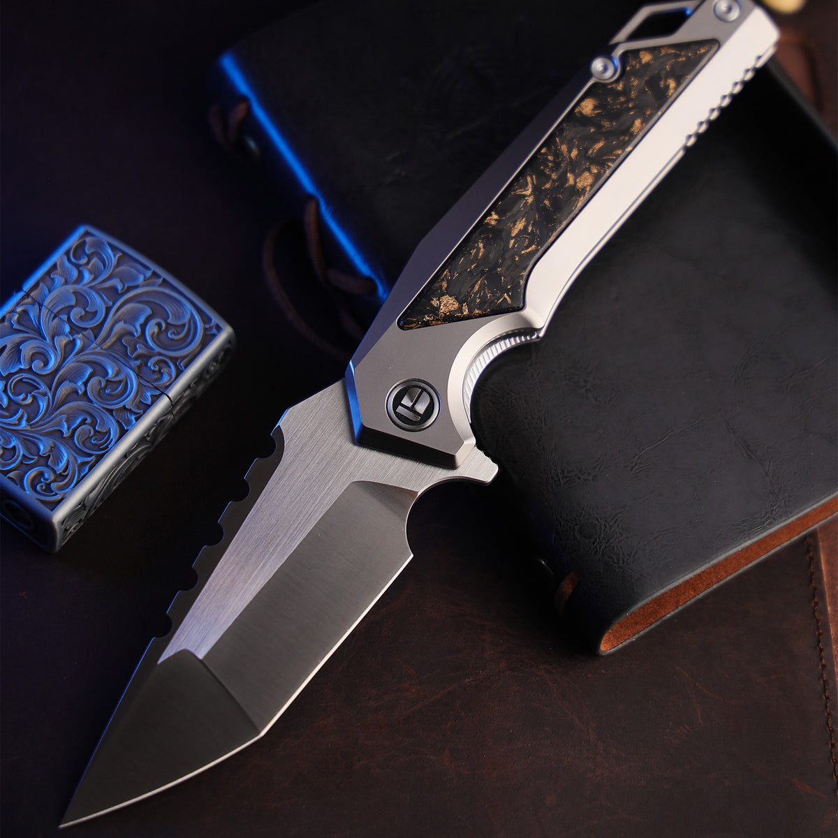 BOONEFORGE Hellfire Premium EDC Fliper & Thumb Stud knife( 3.7'' Satin BÖHLER M390 Blade & Grey TC4 Titanium/Carbon Fiber Handle ) - BF055