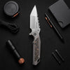 [PRE‑ORDER]BOONEFORGE Hellfire Premium EDC Fliper & Thumb Stud knife( 3.7'' Satin M390 Blade & Grey TC4 Titanium/Carbon Fiber Handle ) - BF055