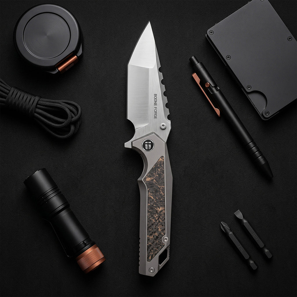 [PRE‑ORDER]BOONEFORGE Hellfire Premium EDC Fliper & Thumb Stud knife( 3.7'' Satin M390 Blade & Grey TC4 Titanium/Carbon Fiber Handle ) - BF055
