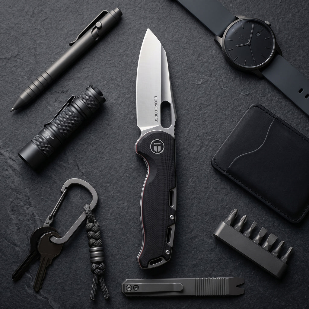 BOONEFORGE Warmark Premium EDC Manual thumb knife  ( 3.33'' Satin 14C28N Blade & Black G10 Handle) - BF009