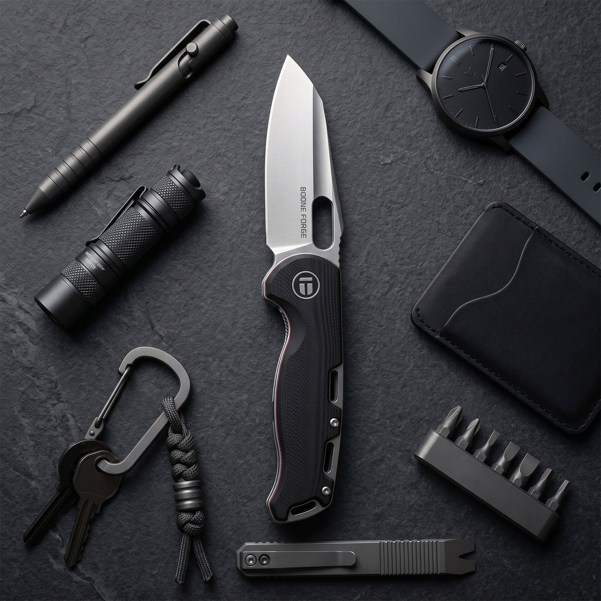 BOONEFORGE Warmark Premium EDC Manual thumb knife  ( 3.33'' Satin 14C28N Blade & Black G10 Handle) - BF009