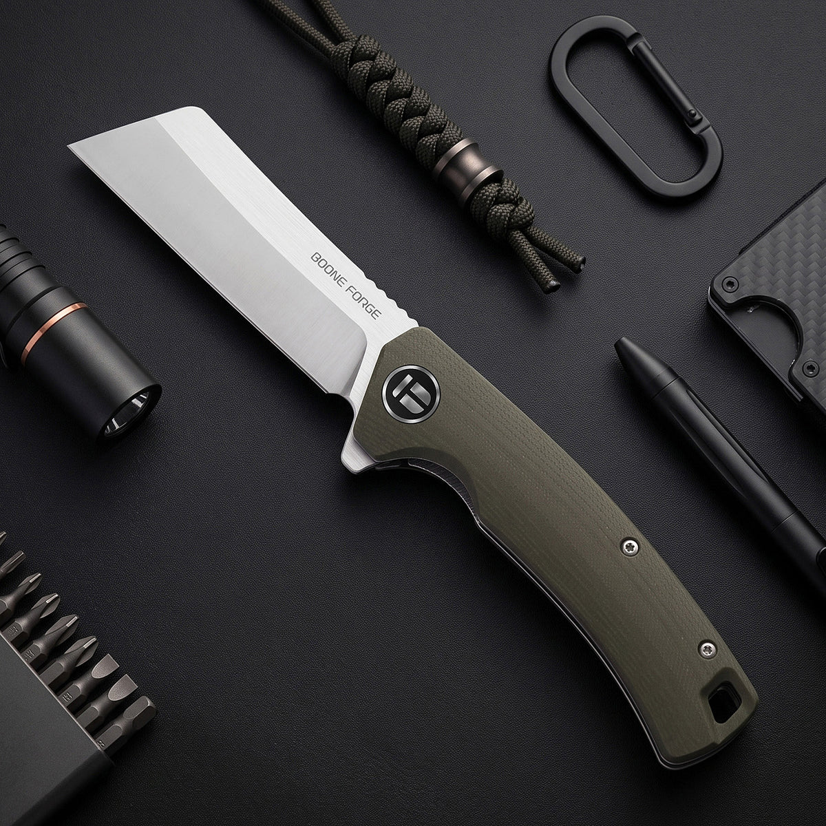 BOONEFORGE Breaker Premium EDC Flipper knife ( 3.34'' Satin 14C28N Blade & Army green G10 Handle ) - BF903