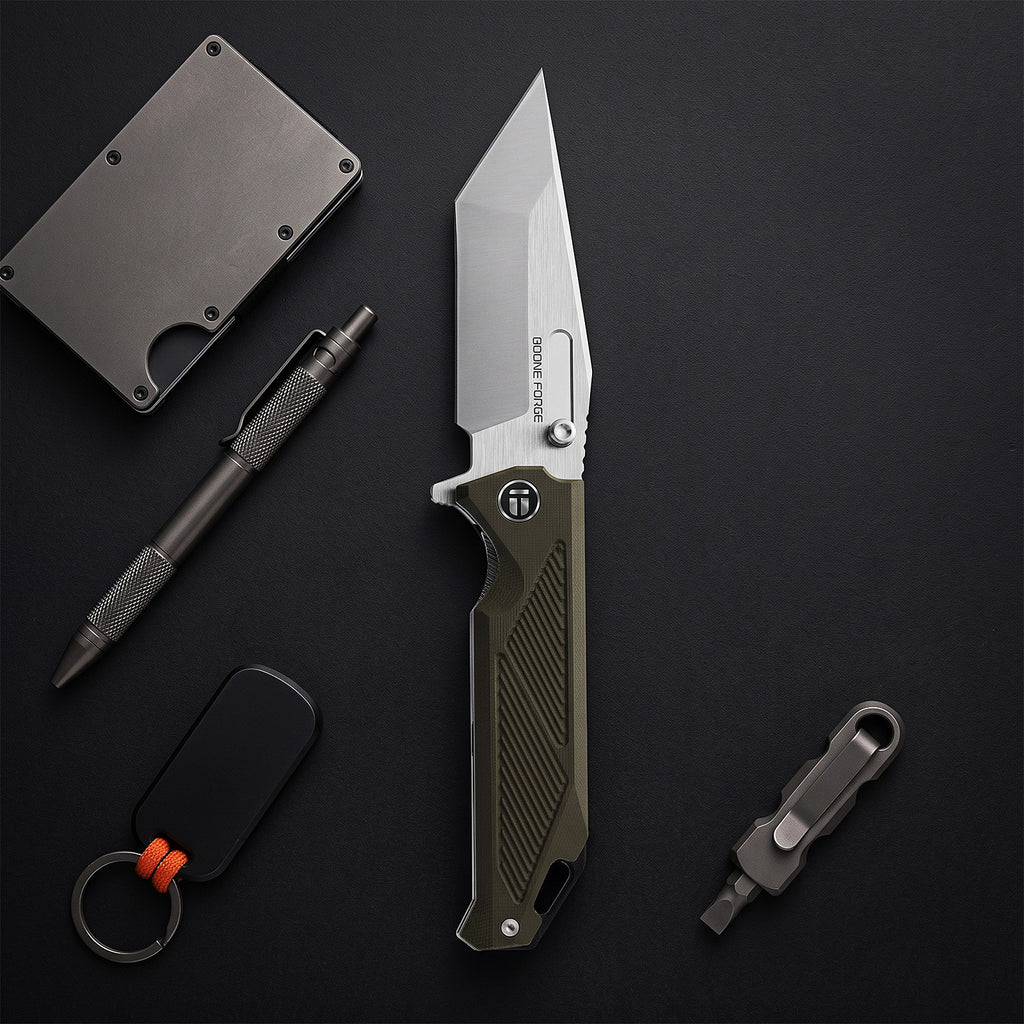 BOONEFORGE Blackshield Premium EDC Fliper & Thumb Stud knife ( 3.94'' Satin 14C28N Blade & Army green G10 Handle ) - BF014A