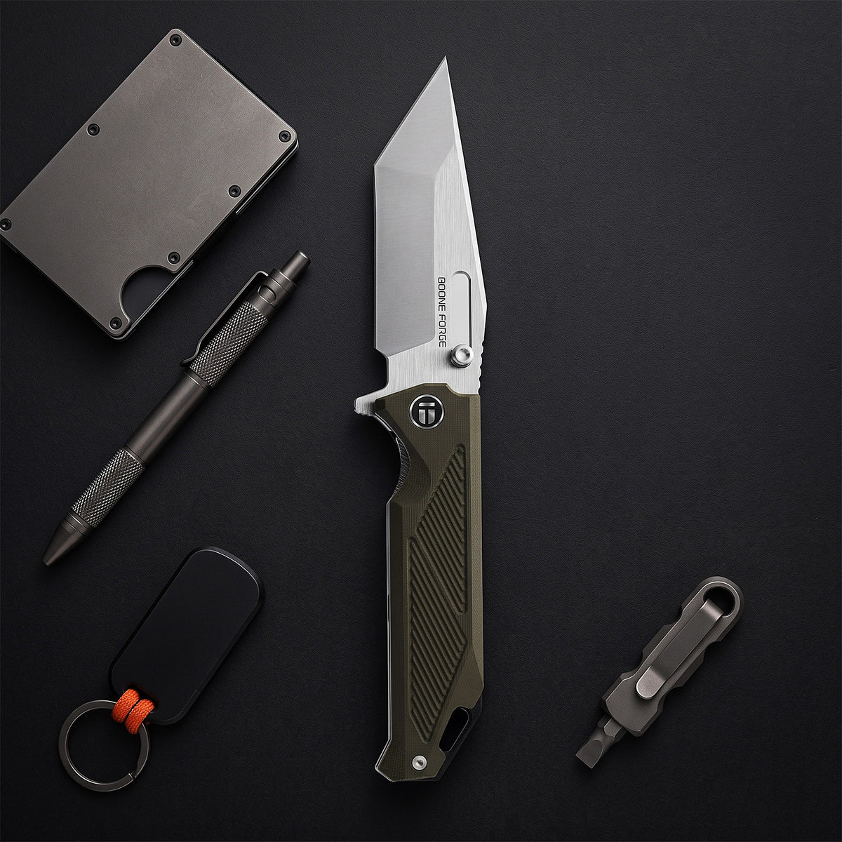 BOONEFORGE Blackshield Premium EDC Fliper & Thumb Stud knife ( 3.94'' Satin 14C28N Blade & Army green G10 Handle ) - BF014A