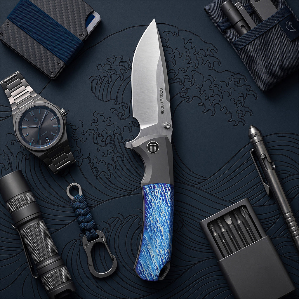 [PRE‑ORDER]BOONEFORGE Valkyrie Premium EDC Fliper & Thumb Stud knife ( 3.77'' Satin M390 Blade & Grey TC4 Titanium Handle ) - BF054