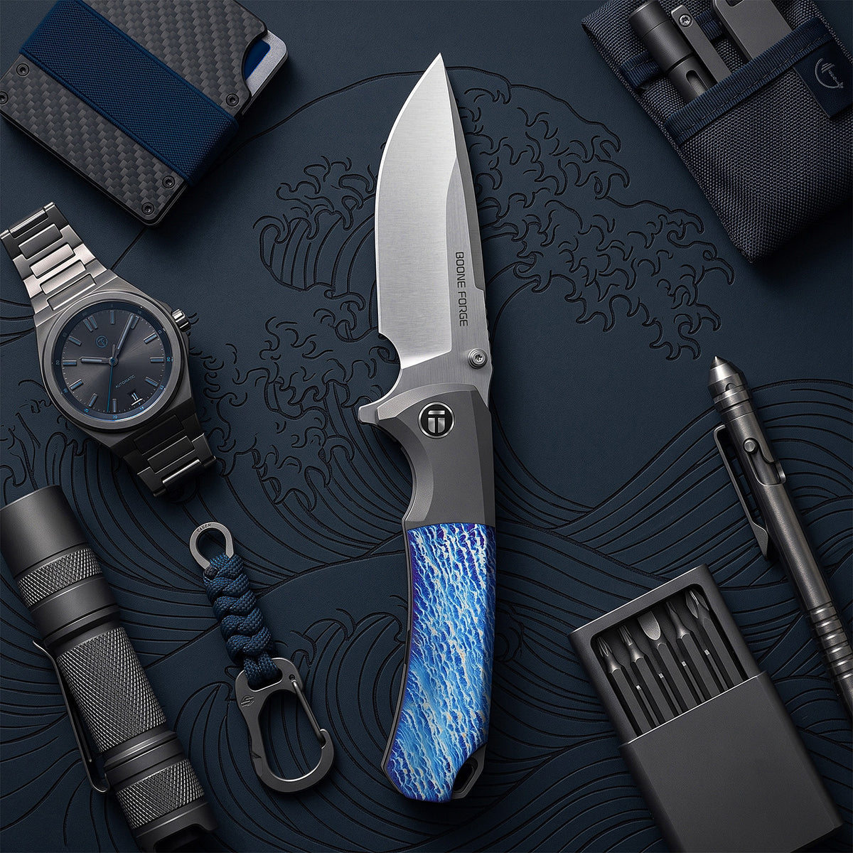 [PRE‑ORDER]BOONEFORGE Valkyrie Premium EDC Fliper & Thumb Stud knife ( 3.77'' Satin M390 Blade & Grey TC4 Titanium Handle ) - BF054
