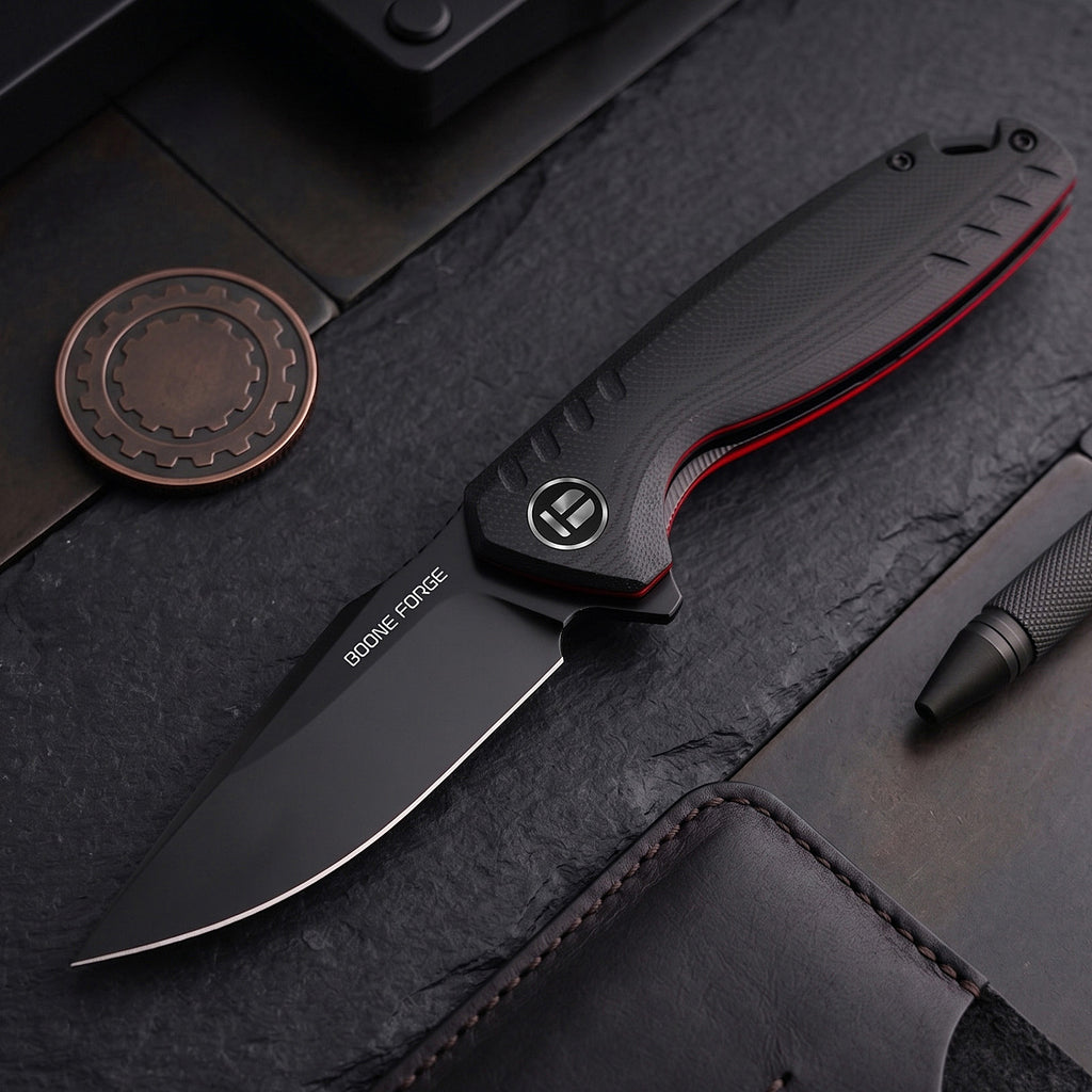 BOONEFORGE Nightvein Premium EDC Flipper knife (3.39'' Black Titanium Plated 14C28N Blade & Black G10 Handle) - BF011