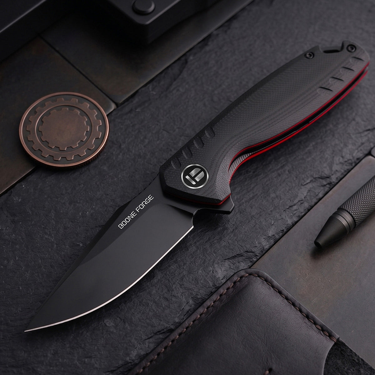 BOONEFORGE Nightvein Premium EDC Flipper knife (3.39'' Black Titanium Plated 14C28N Blade & Black G10 Handle) - BF011