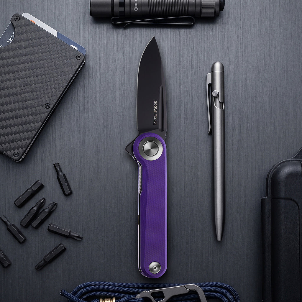 BOONEFORGE Ironjudge Premium EDC Flipper knife ( 3.39'' Black Titanium Plated 14C28N Blade & Purple G10 Handle ) - BF905