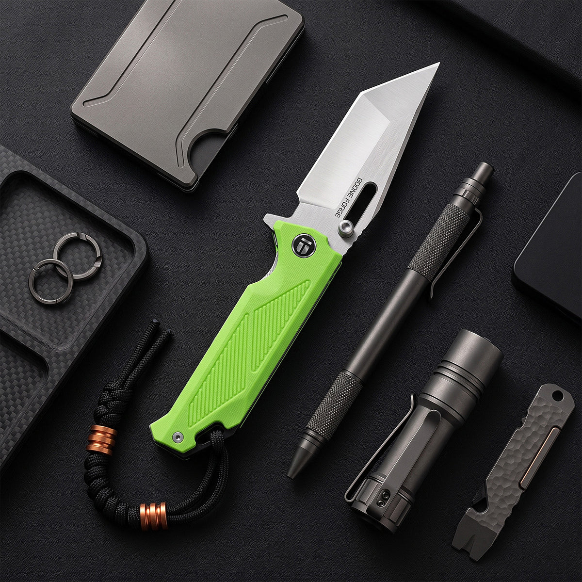 BOONEFORGE Blackshield Premium EDC Fliper & Thumb Stud knife ( 3.94'' Satin 14C28N Blade & Fluorescent green G10 Handle ) - BF014A