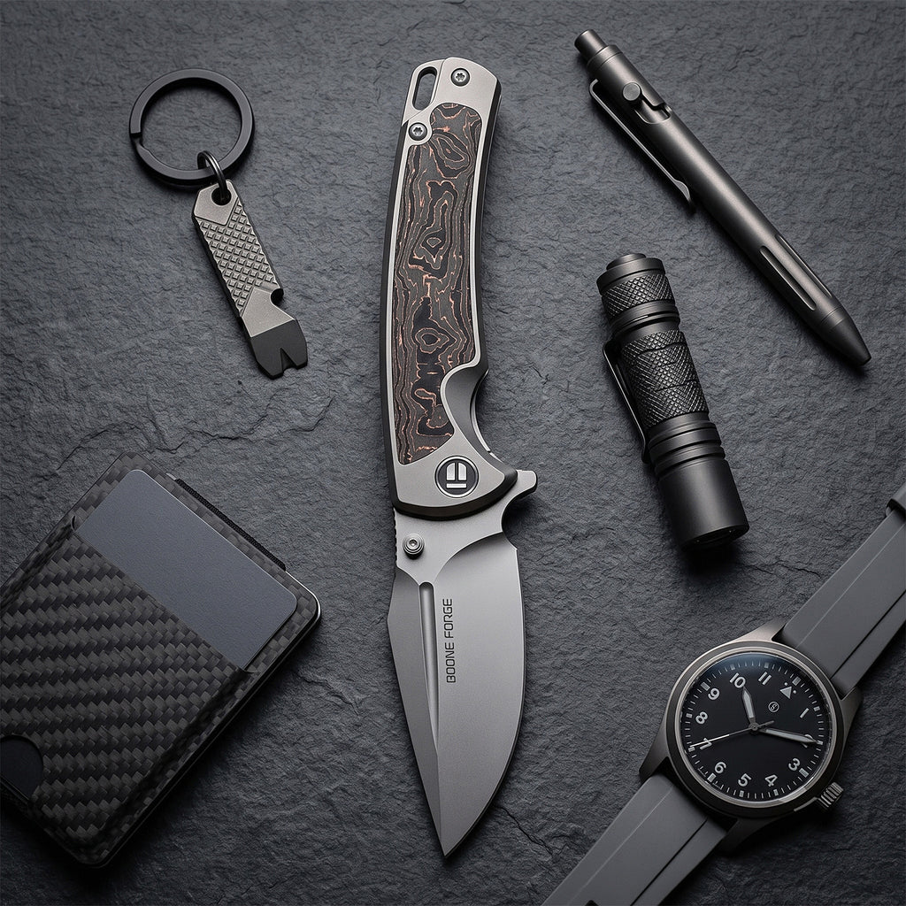 [PRE‑ORDER]BOONEFORGE Thunderstrike Premium EDC Fliper & Thumb Stud knife( 3.75'' Bead Blasted M390 Blade & Grey TC4 Titanium Handle ) - BF052