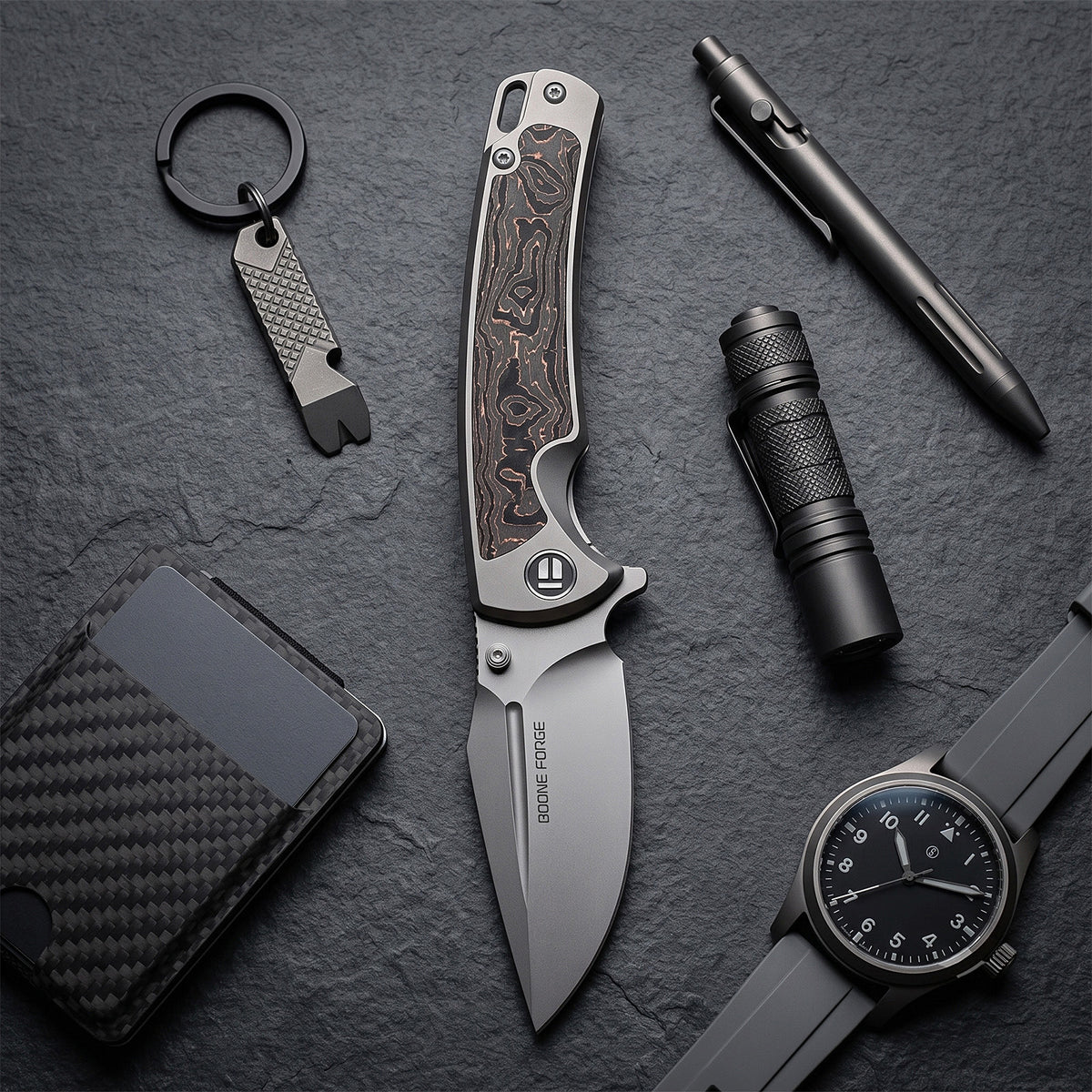 [PRE‑ORDER]BOONEFORGE Thunderstrike Premium EDC Fliper & Thumb Stud knife( 3.75'' Bead Blasted M390 Blade & Grey TC4 Titanium Handle ) - BF052
