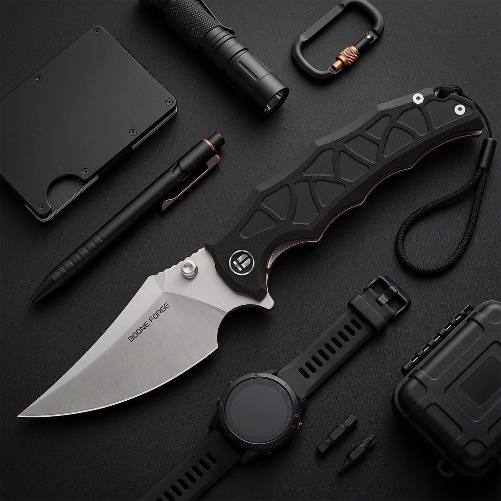 BOONEFORGE Ironstrider Premium EDC Fliper & Thumb Stud knife(3.81'' Satin 14C28N Blade & Black G10 Handle ) - BF013A