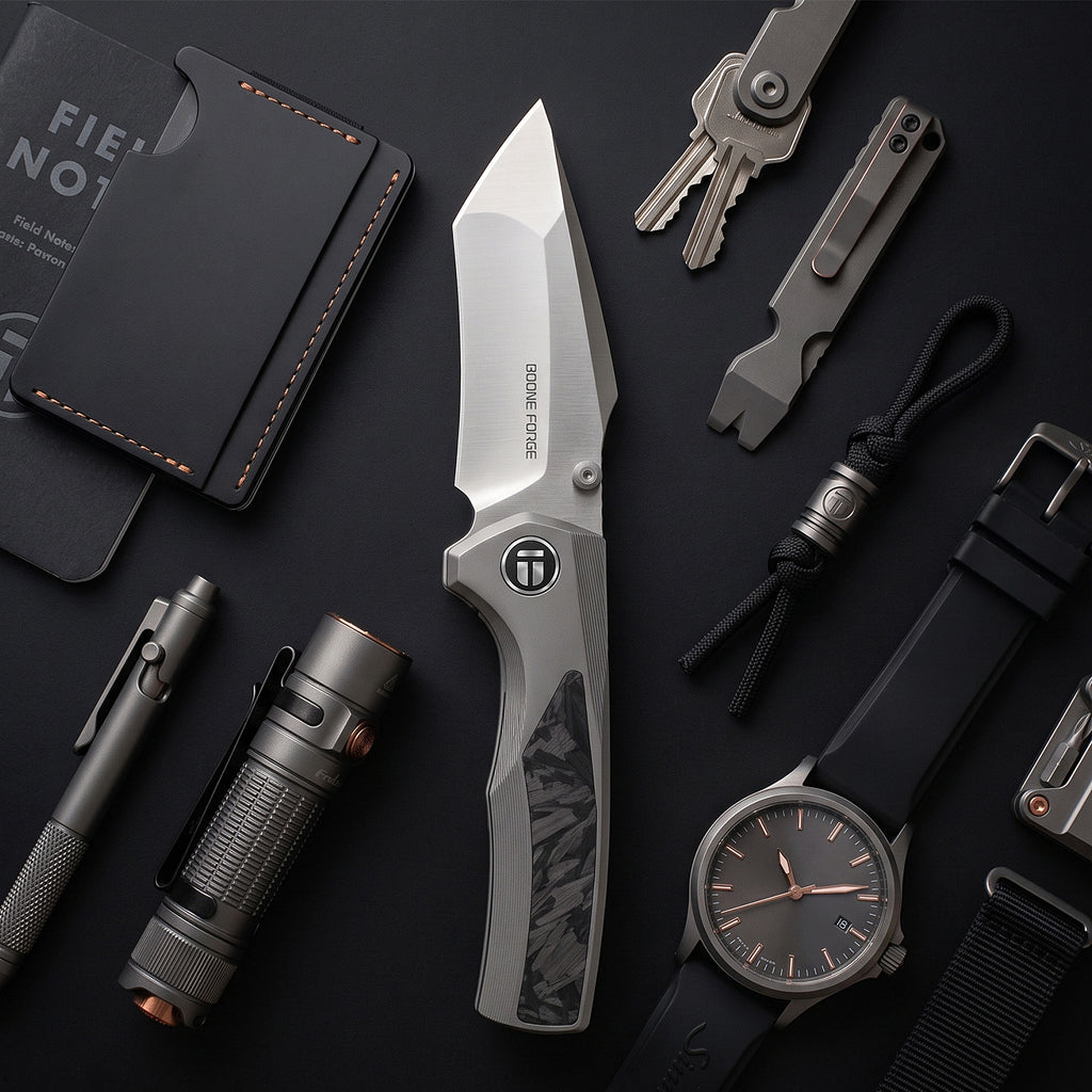 [PRE‑ORDER]BOONEFORGE Bloodfang Premium EDC Thumb stud knife ( 3.41" Bead Blasted M390 Blade & Grey TC4 Titanium/Carbon Fiber Handle) - BF007
