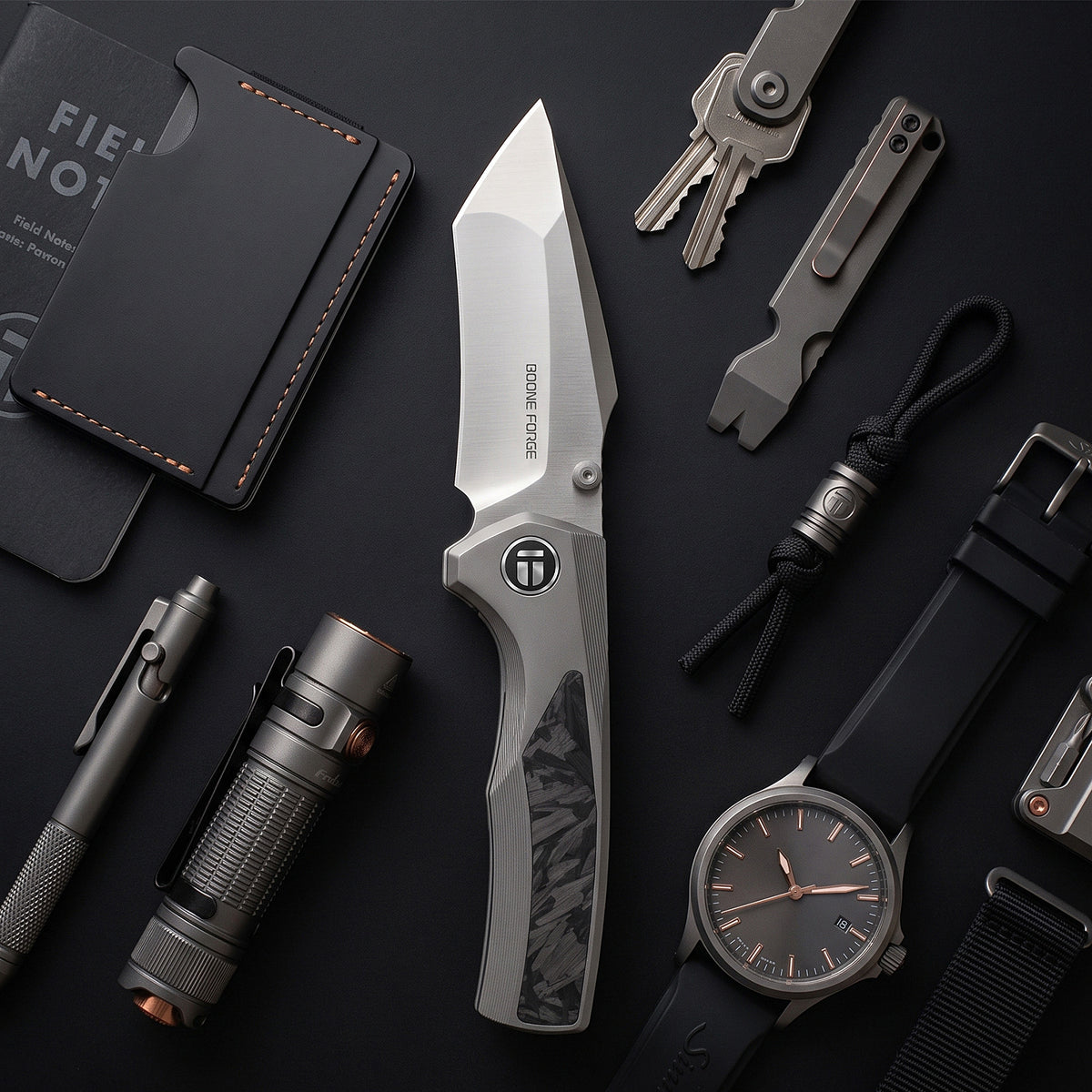 [PRE‑ORDER]BOONEFORGE Bloodfang Premium EDC Thumb stud knife ( 3.41" Bead Blasted M390 Blade & Grey TC4 Titanium/Carbon Fiber Handle) - BF007