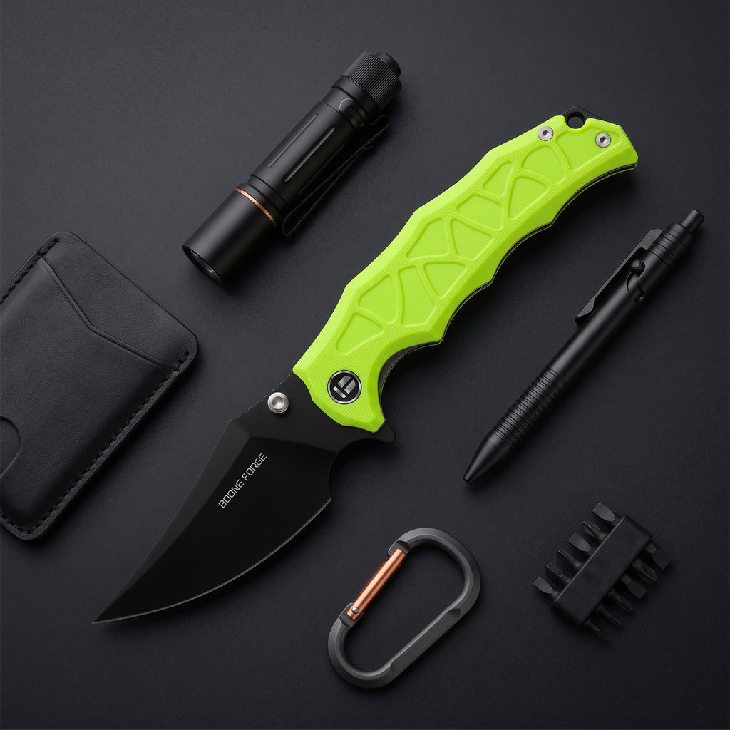 BOONEFORGE Ironstrider Premium EDC Fliper & Thumb Stud knife(3.81'' Black Titanium Plated 14C28N Blade & Fluorescent green G10 Handle ) - BF013A