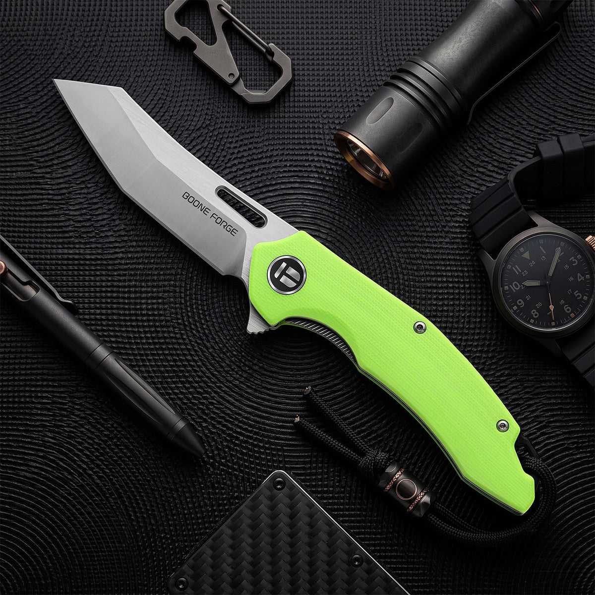BOONEFORGE Sentinel Premium EDC Flipper & Thumb hole knife ( 3.34'' Satin 14C28N Blade & Fluorescent green G10 Handle ) - BF904