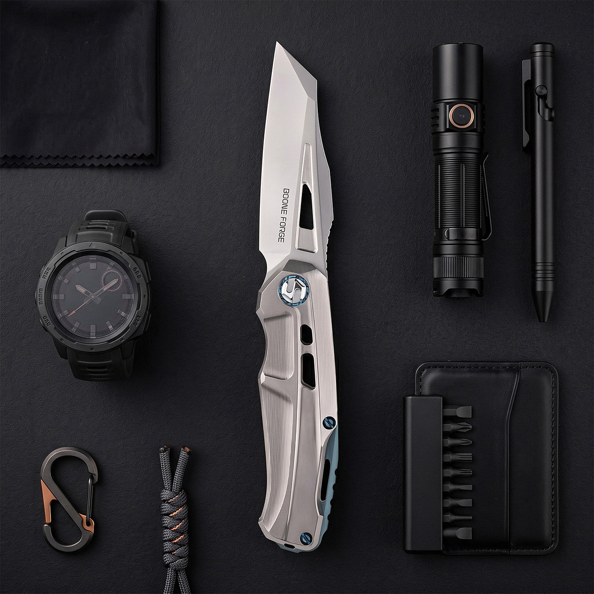 [PRE‑ORDER]BOONEFORGE Reaper Premium EDC Flipper knife  ( 3.43'' Bead Blasted M390 Blade & Grey TC4 Titanium Handle ) - BF070