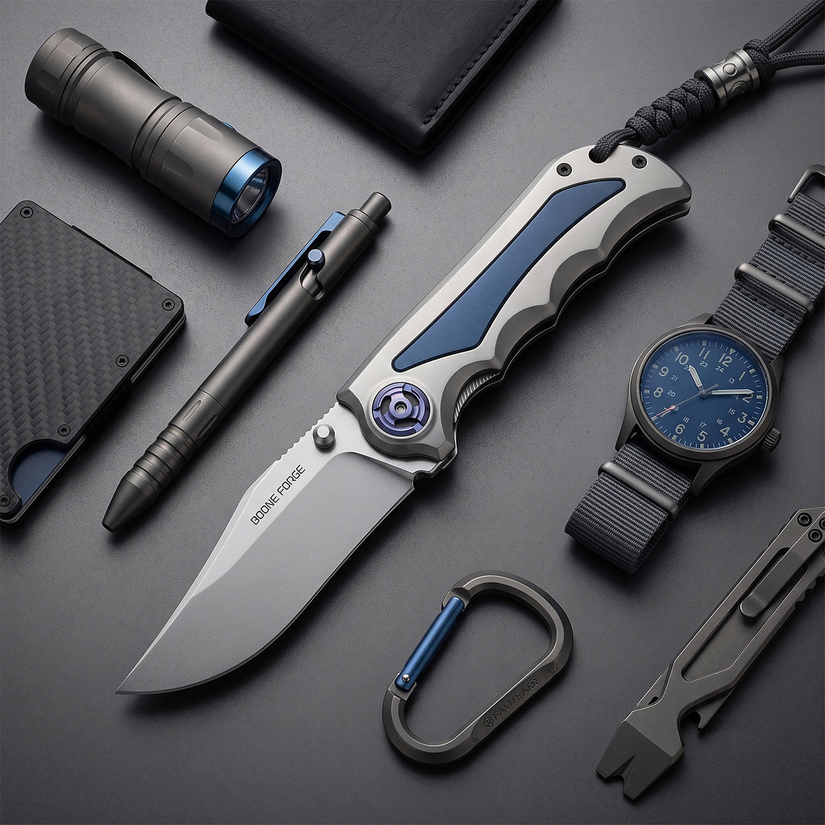 [PRE‑ORDER]BOONEFORGE Deepwalker Premium EDC Thumb Stud knife ( 3.74'' Stonewash M390 Blade & Grey TC4 Titanium Handle ) - BF051