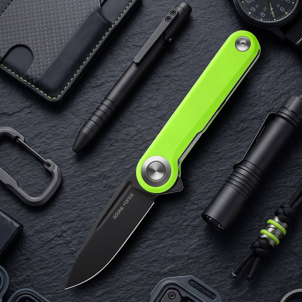 BOONEFORGE Ironjudge Premium EDC Flipper knife ( 3.39'' Black Titanium Plated 14C28N Blade & Fluorescent green G10 Handle ) - BF905