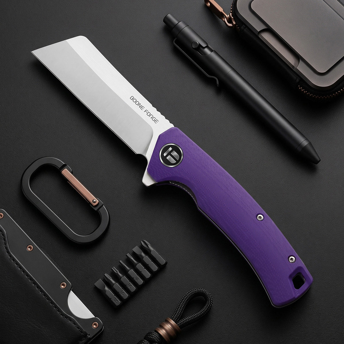 BOONEFORGE Breaker Premium EDC Flipper knife ( 3.34'' Satin 14C28N Blade & Purple G10 Handle ) - BF903
