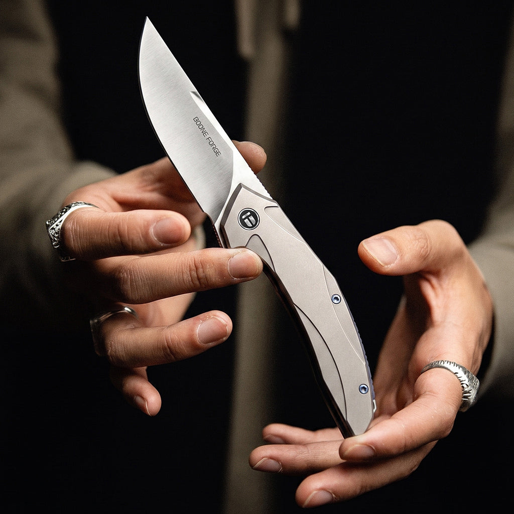 [PRE‑ORDER]BOONEFORGE Titan Premium EDC Fliper & Thumb Stud knife ( 3.54'' Satin M390 Blade & Grey TC4 Titanium Handle ) - BF056