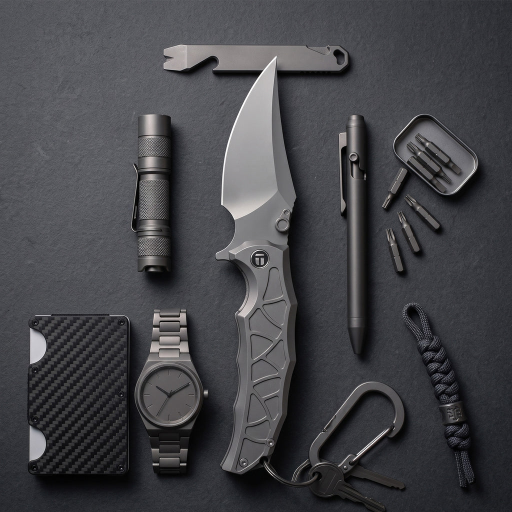 BOONEFORGE Frostspine Premium EDC Fliper & Thumb Stud knife(4.06'' Bead Blasted BÖHLER M390  Blade & Grey TC4 Titanium Handle ) - BF013