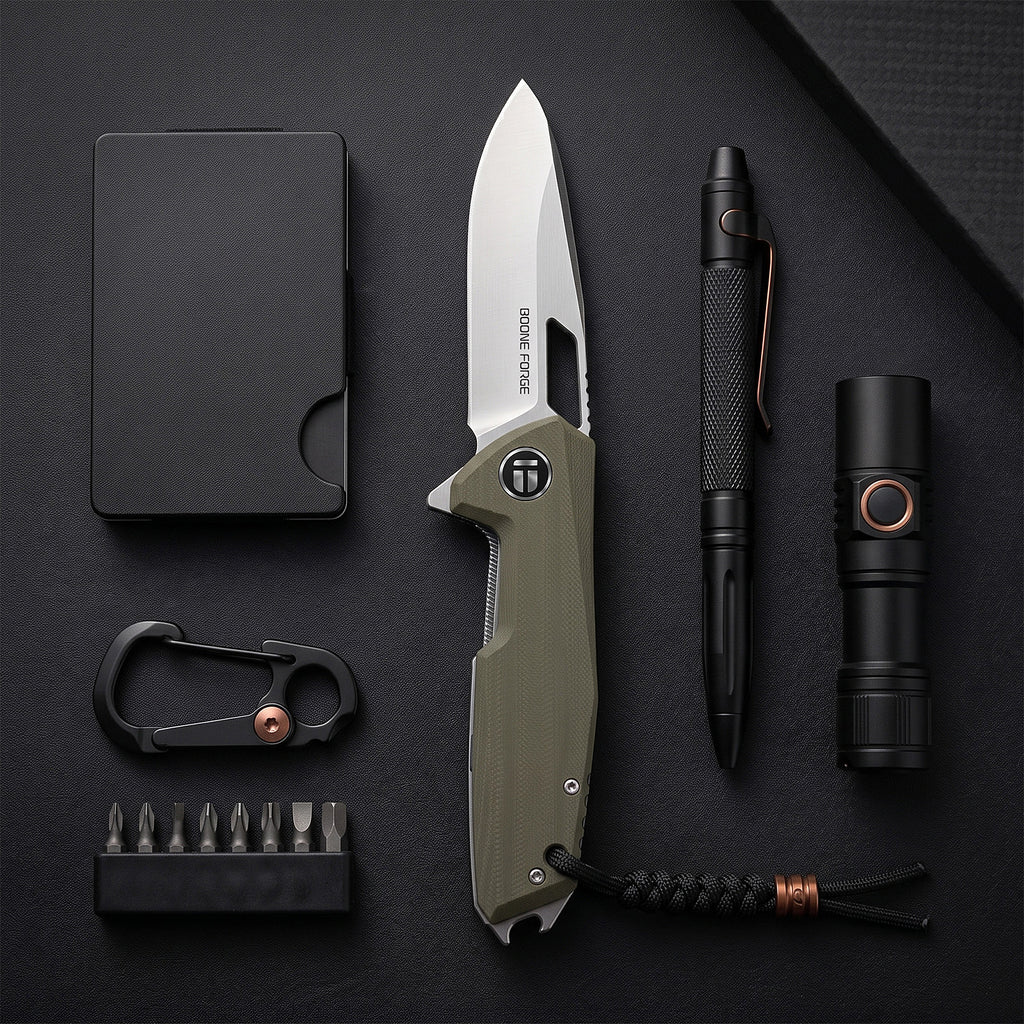 BOONEFORGE Berserker Premium EDC Flipper & Thumb hole knife( 3.07'' Satin 14C28N Blade & Army green G10 Handle ) - BF072