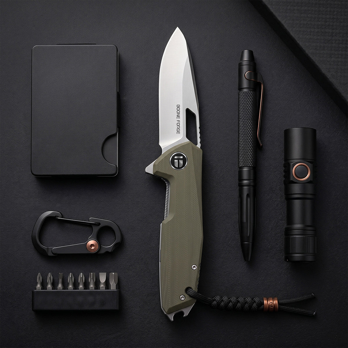 BOONEFORGE Berserker Premium EDC Flipper & Thumb hole knife( 3.07'' Satin 14C28N Blade & Army green G10 Handle ) - BF072