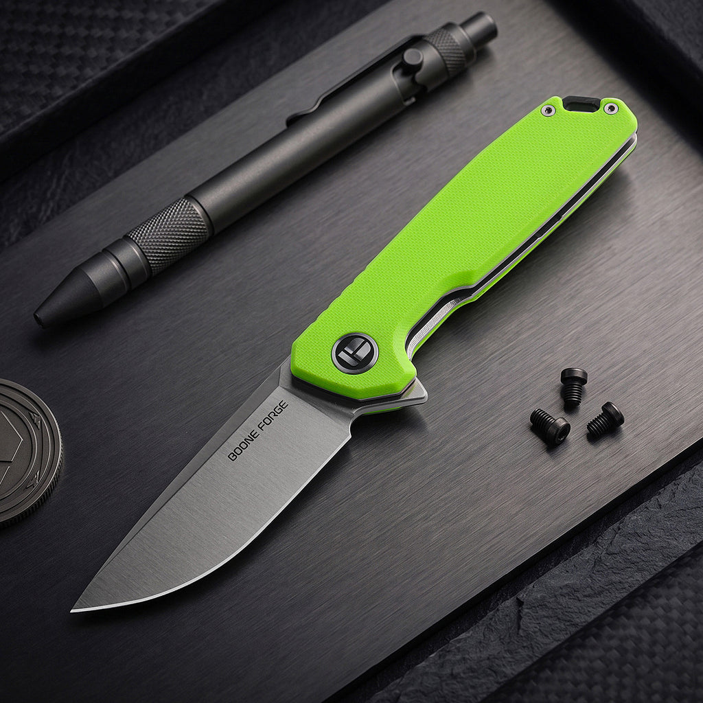 BOONEFORGE Steelwrath Premium EDC Flipper knife ( 3.23'' Satin 14C28N Blade & Fluorescent green G10 Handle) - BF010