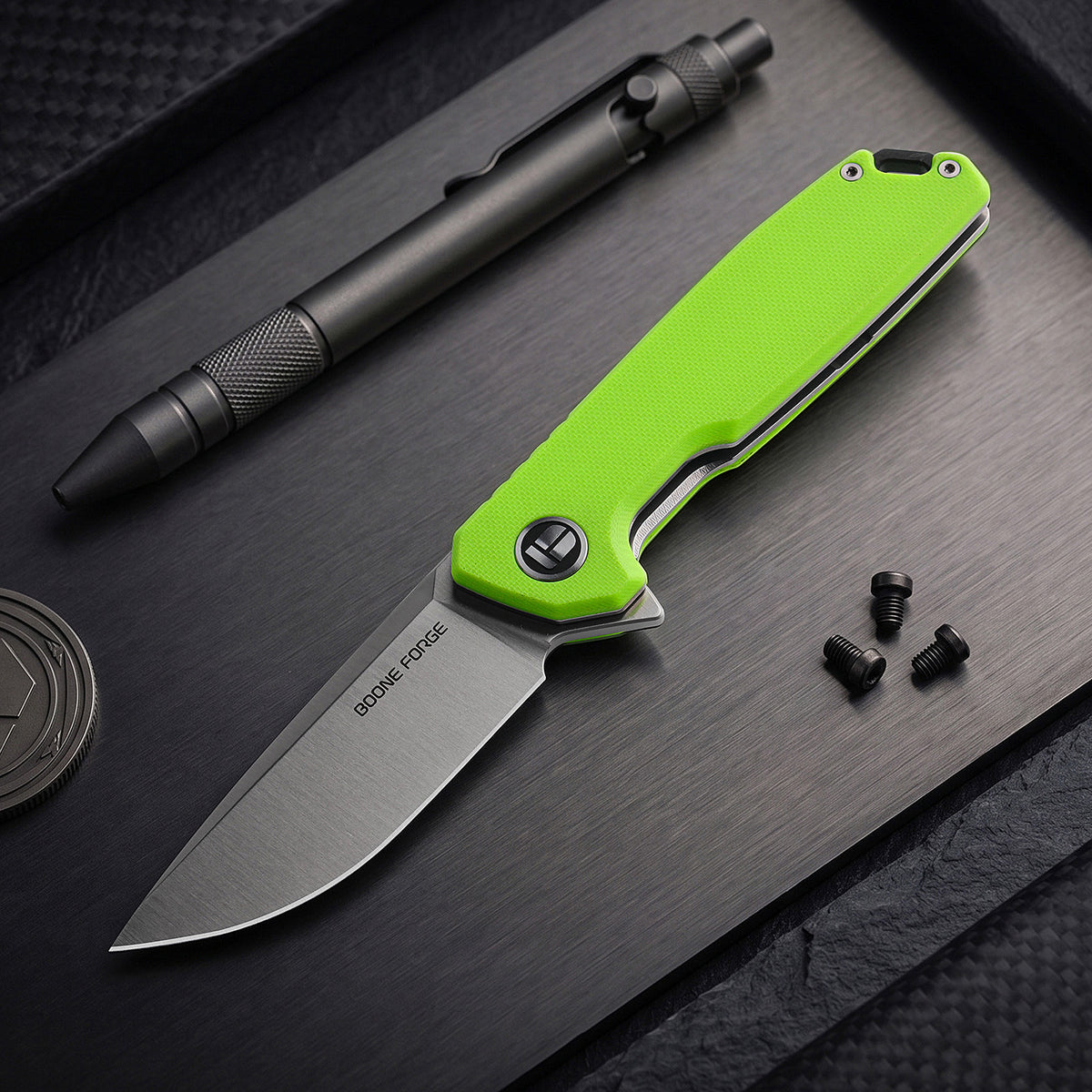 BOONEFORGE Steelwrath Premium EDC Flipper knife ( 3.23'' Satin 14C28N Blade & Fluorescent green G10 Handle) - BF010