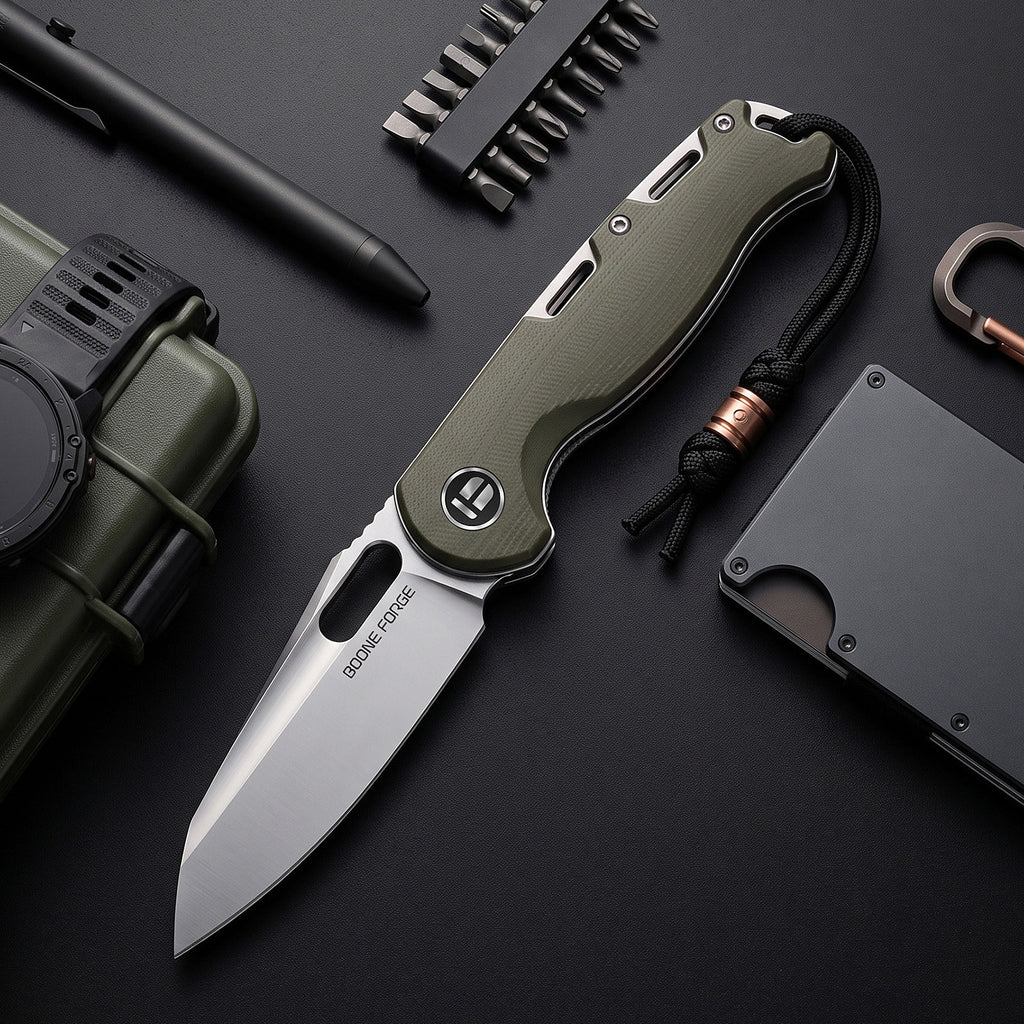 BOONEFORGE Warmark Premium EDC Manual thumb knife ( 3.33'' Bead Blasted 14C28N Blade & Army green G10 Handle) - BF009