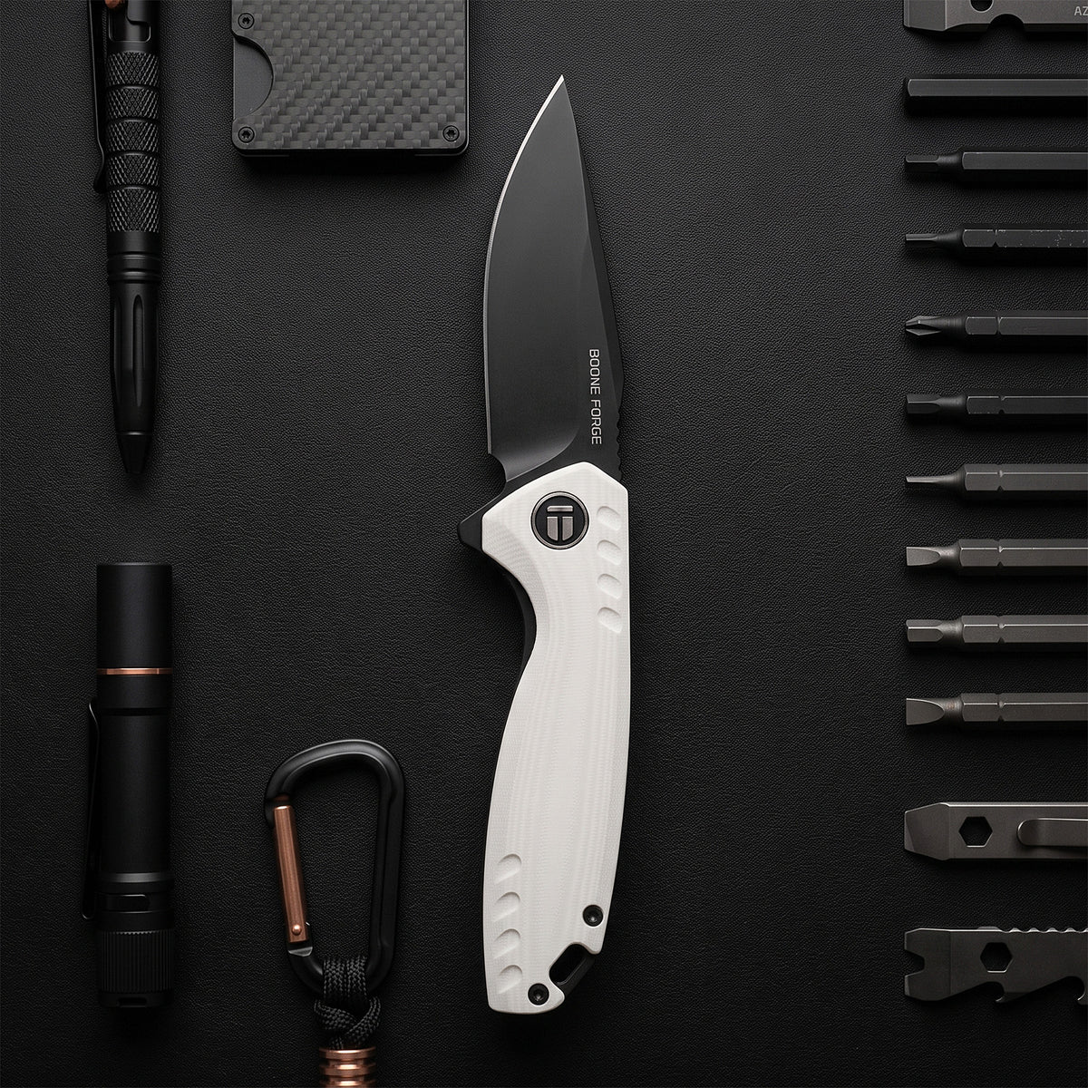 BOONEFORGE Nightvein Premium EDC Flipper knife (3.39'' Black Titanium Plated 14C28N Blade & White G10 Handle) - BF011