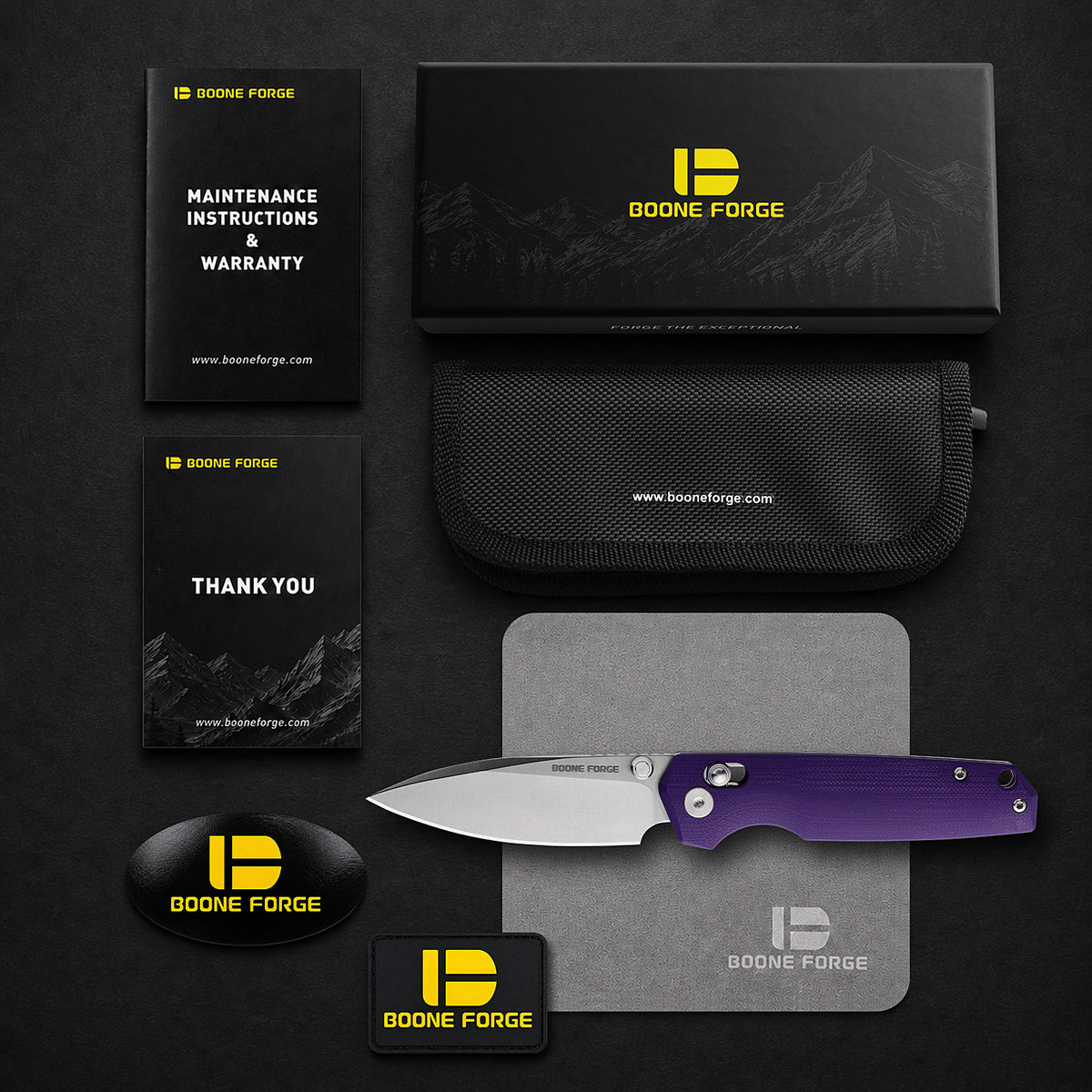 BOONEFORGE Darkedge Premium EDC Crossbar knife ( 3.05'' Satin 14C28N Blade & Purple G10 Handle ) - BF900