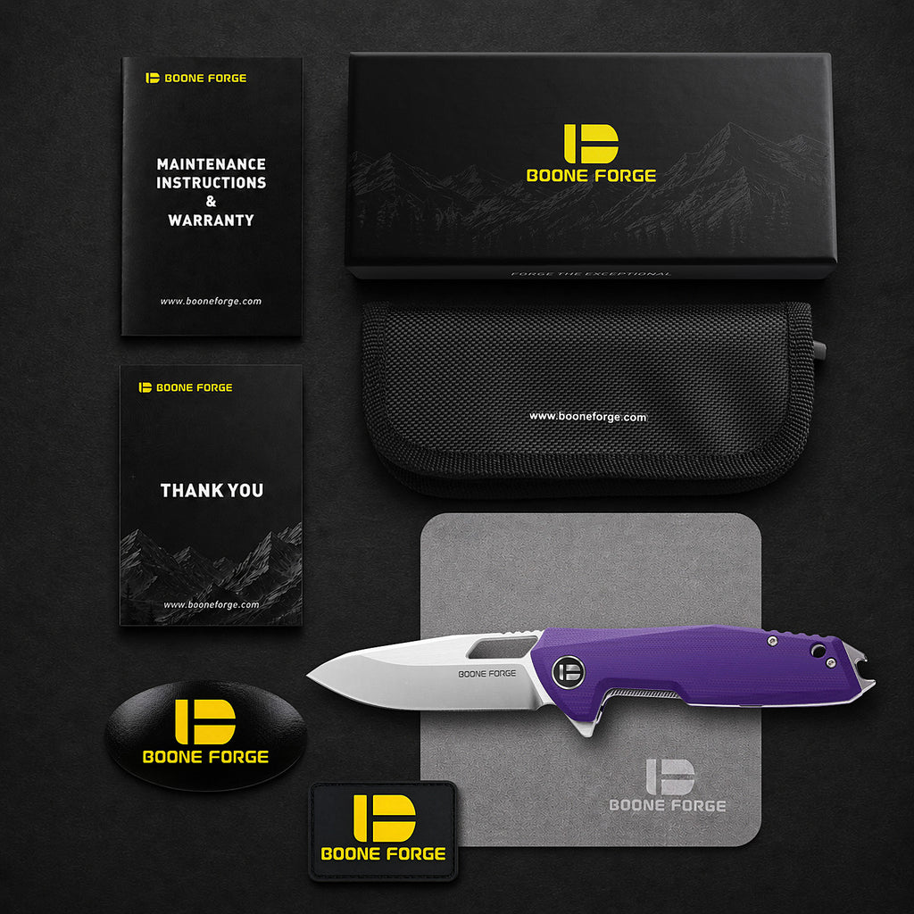 BOONEFORGE Berserker Premium EDC Flipper & Thumb hole knife( 3.07'' Satin 14C28N Blade & Purple G10 Handle ) - BF072
