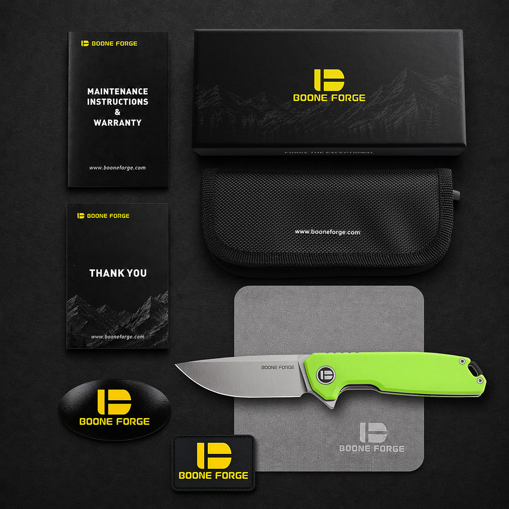 BOONEFORGE Steelwrath Premium EDC Flipper knife ( 3.23'' Satin 14C28N Blade & Fluorescent green G10 Handle) - BF010