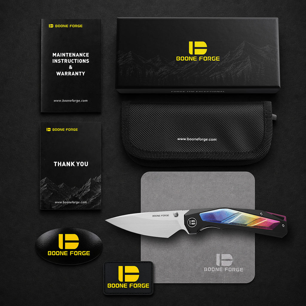 [PRE‑ORDER]BOONEFORGE Wraith Premium EDC Thumb stud knife( 3.93'' Brushed Satin M390 Blade & Black TC4 Titanium Handle ) - BF062