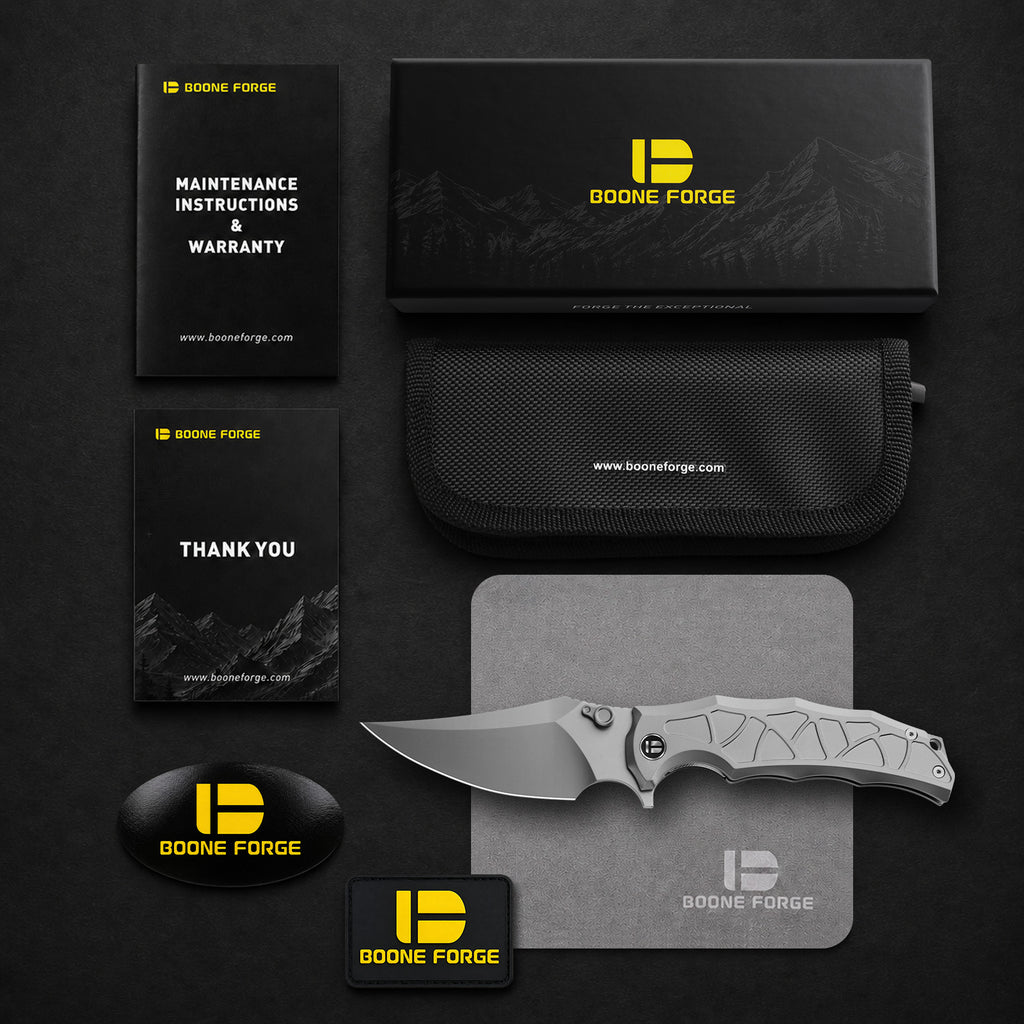 BOONEFORGE Frostspine Premium EDC Fliper & Thumb Stud knife(4.06'' Bead Blasted BÖHLER M390  Blade & Grey TC4 Titanium Handle ) - BF013