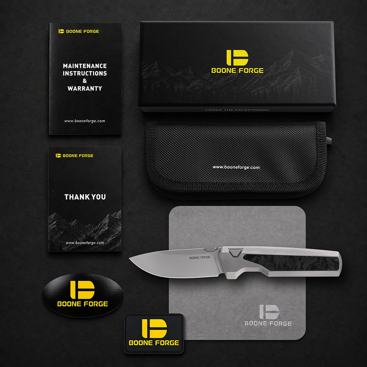 [PRE‑ORDER]BOONEFORGE Mountainfang Premium EDC Button lock & Thumb stud knife  ( 3.31" Bead Blasted M390 Blade & Grey TC4 Titanium/Carbon Fiber Handle) - BF004