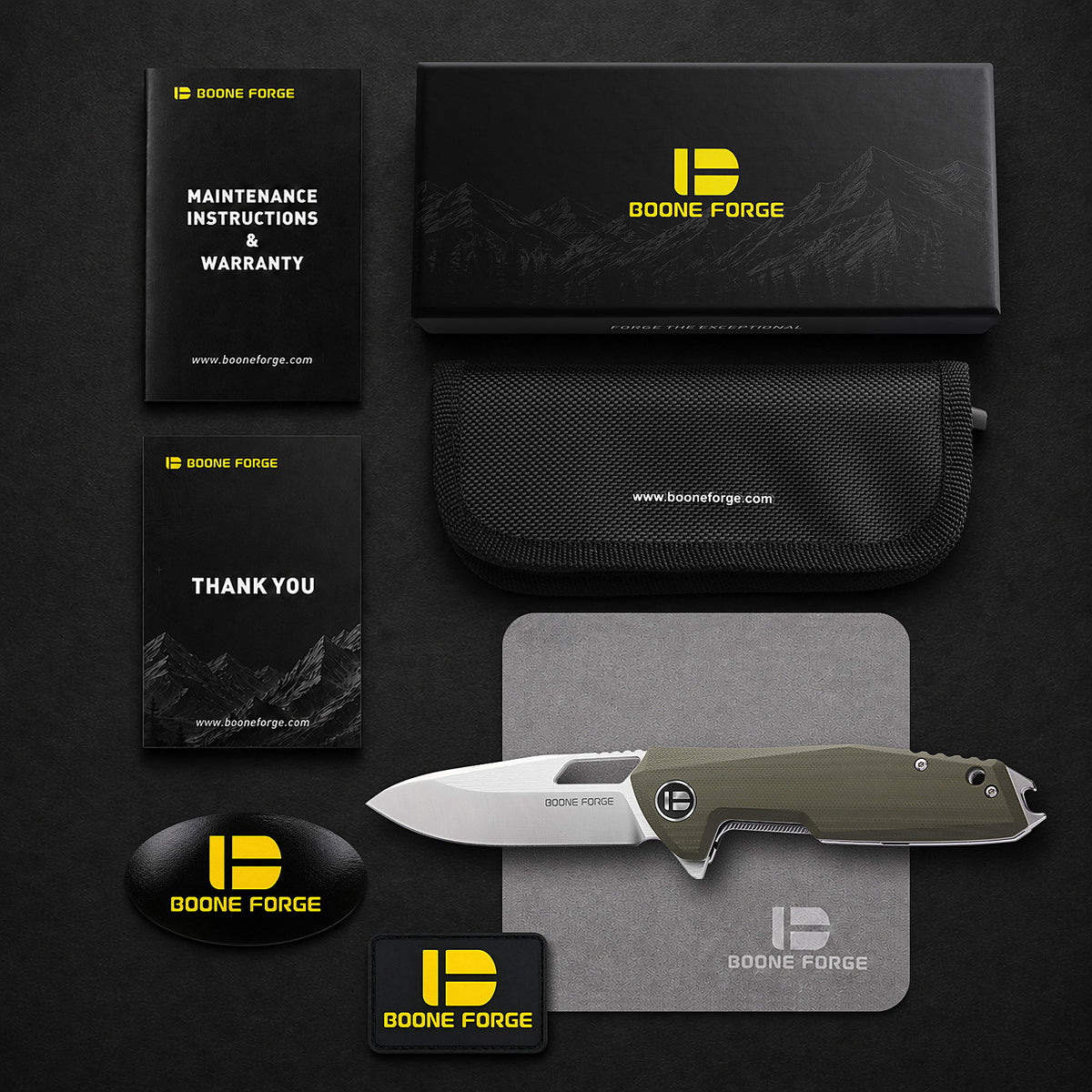 BOONEFORGE Berserker Premium EDC Flipper & Thumb hole knife( 3.07'' Satin 14C28N Blade & Army green G10 Handle ) - BF072
