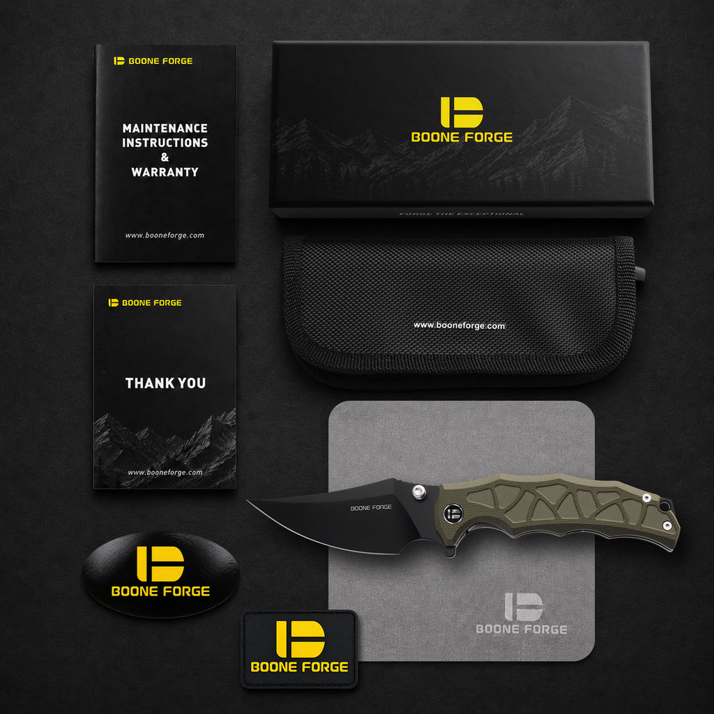 BOONEFORGE Ironstrider Premium EDC Fliper & Thumb Stud knife(3.81'' Black Titanium Plated 14C28N Blade & Army green G10 Handle ) - BF013A