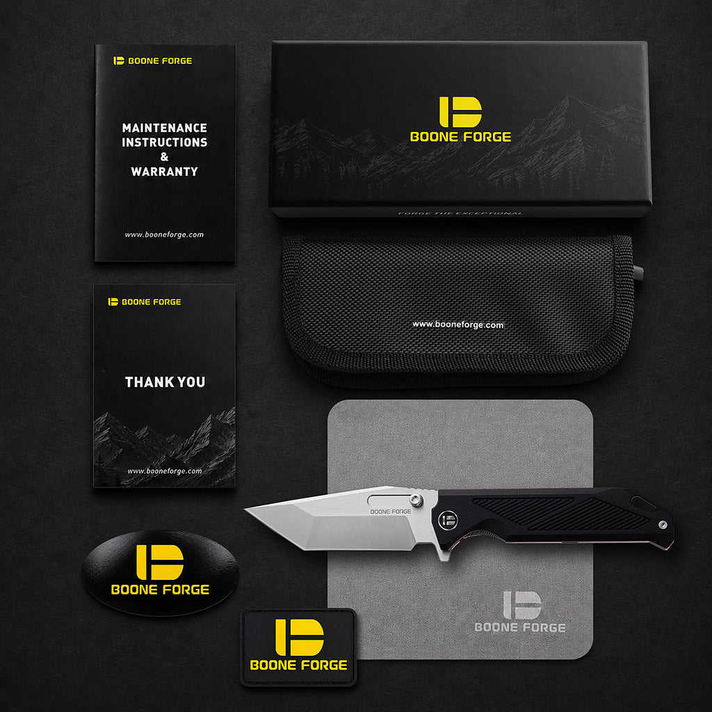 BOONEFORGE Blackshield Premium EDC Fliper & Thumb Stud knife ( 3.94'' Satin 14C28N Blade & Black G10 Handle ) - BF014A