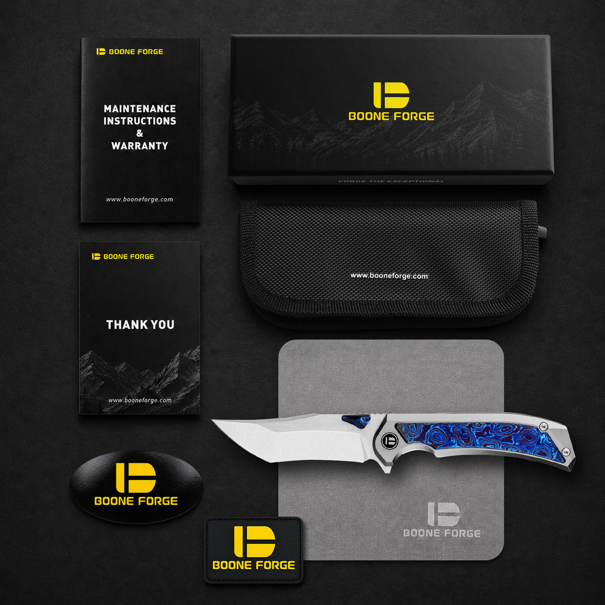 BOONEFORGE Odin’s Eye Premium EDC Fliper & Thumb Stud knife ( 3.82'' Satin BÖHLER M390 Blade & Grey TC4 Titanium/Timascus Handle ) - BF053
