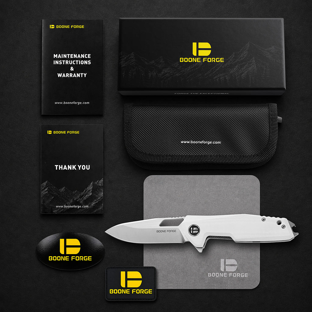 BOONEFORGE Berserker Premium EDC Flipper & Thumb hole knife( 3.07'' Satin 14C28N Blade & White G10 Handle ) - BF072